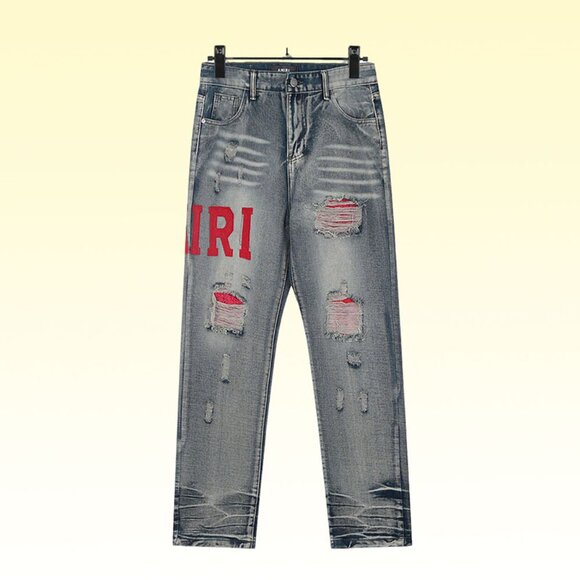 Amiri Red Letter Print Ripped Raw Edge Red Bottom Jeans